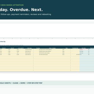 Pu&ograve; includere: Un modello di foglio di calcolo digitale intitolato Follow-Up con colonne per Action ID, Client ID, Job/Quote ID, Action type, Due date, Action message, State, Completed date, Due status e Data check, con righe di dati su uno sfondo giallo pallido.