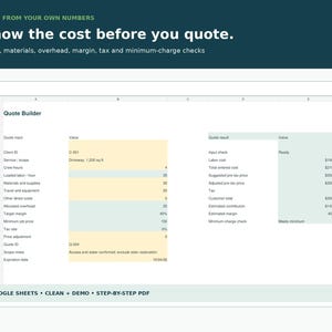 Pu&ograve; includere: Un foglio di calcolo digitale intitolato Quote Builder con colonne per i valori di input e i risultati dei preventivi calcolati. L'interfaccia include campi per manodopera, materiali, spese generali e margine, con una sezione di input evidenziata in giallo e una sezione di risultati in verde chiaro.