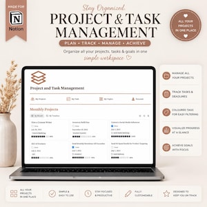 Puede incluir: Una plantilla digital de gestión de proyectos y tareas para Notion mostrada en la pantalla de un portátil. La interfaz incluye secciones para proyectos mensuales, seguimiento de tareas y barras de progreso. El texto incluye "Project & Task Management".