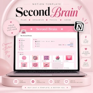 May include: A Notion template titled Second Brain displayed on a laptop screen. The interface features a pink and white color scheme with icons for personal, spirituality, hobbies, health, and business. Text includes Plan, Organize, Focus, Grow.