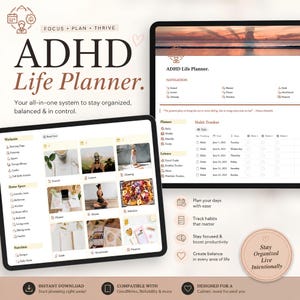 Könnte beinhalten: Ein digitaler ADHD Life Planner auf zwei Tablet-Bildschirmen. Die Benutzeroberfläche enthält Abschnitte für Workouts, Wohnbereich, Ernährung und Gewohnheitsverfolgung mit Symbolen und Text. Ein kreisförmiges Abzeichen zeigt Stay Organized Live Intentionally.