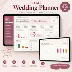 Könnte beinhalten: Eine digitale HTML-Hochzeitsplaner-Oberfläche auf zwei Bildschirmen mit einem Dashboard für Budget, Checklisten und RSVP-Verfolgung. Der Text enthält 'HTML Wedding Planner', 'Amelia & Noah's Wedding Planner' und 'Your Dream Wedding Planner'.
