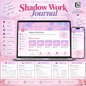 Może przedstawiać: Cyfrowy szablon Notion do dziennika pracy z cieniem wyświetlany na ekranie laptopa i smartfona. Interfejs charakteryzuje się pastelową różowo-fioletową paletą kolorów z sekcjami dotyczącymi wyzwalaczy, wzorców, projekcji, snów i codziennych podpowiedzi.
