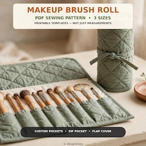 Patrón de costura para estuche enrollable de brochas de maquillaje, organizador enrollable para brochas en PDF, patrón para estuche de brochas de maquillaje, estuche enrollable para brochas de artista, 3 tamaños para principiantes