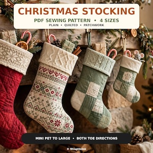 Christmas Stocking Sewing Pattern, 4 Sizes Mini Pet to Large, Quilted Patchwork Stocking Pattern PDF, Beginner Sewing Pattern