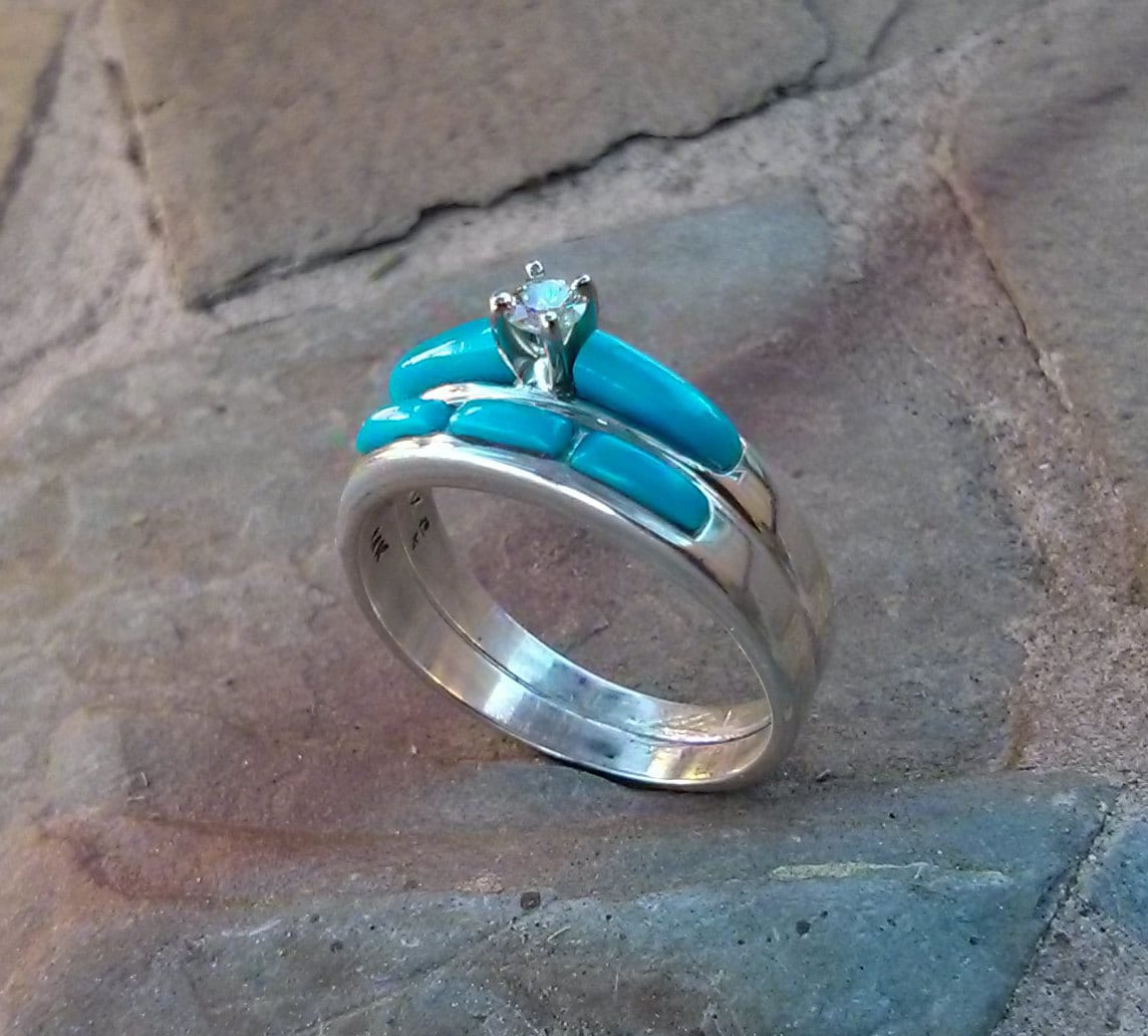 Turquoise Inlay Diamond Engagement Ring and Wedding Band Custom Bridal ...