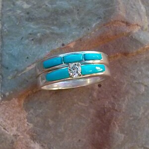 Turquoise Inlay Diamond Engagement Ring and Wedding Band - Etsy