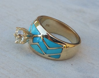 Sky Wave   Turquoise Inlay 1 Carat Old European Cut Diamond Ring
