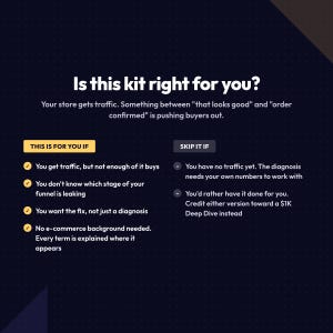 May include: A dark blue informational graphic titled Is this kit right for you? with white text outlining criteria for using an e-commerce kit. It lists conditions for potential users and scenarios to skip the kit, using yellow checkmarks and gray dashes.