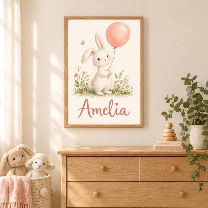 Personalised Bunny Balloon Name Print, Custom Nursery Wall Art ...