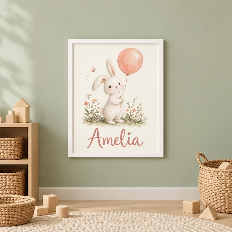 Personalised Bunny Balloon Name Print, Custom Nursery Wall Art ...