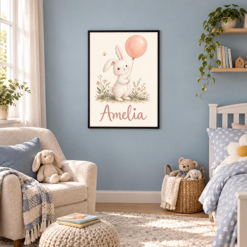 Personalised Bunny Balloon Name Print, Custom Nursery Wall Art ...