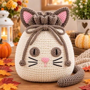 May include: A cream-colored crochet drawstring pouch shaped like a cat head. The pouch features brown ears with pink centers, brown drawstring cords, brown embroidered eyes, a pink nose, and black whiskers. A brown crochet tail extends from the base.