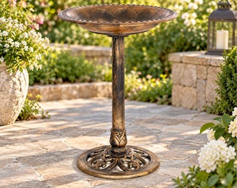 Vintage Resin Pedestal Bird Bath, Bronzed Patina, Floral Accents, Weather Resistant (Outdoor Garden Decor)