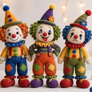 Könnte beinhalten: Drei handgefertigte Häkel-Clownpuppen mit Garnhaaren, bunten spitzen Hüten und gerüschten Kragen. Der linke Clown hat orangefarbenes Haar, der mittlere Clown hat grünes Haar und ein zwinkerndes Gesicht, der rechte Clown hat blaues Haar und einen traurigen Ausdruck.