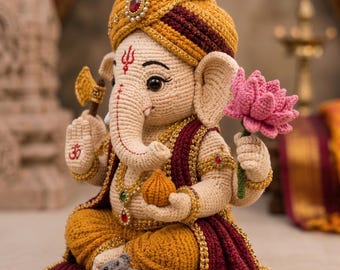 Wzór szydełkowy na lalkę amigurumi przedstawiającą Pana Ganeshę, hinduskiego boga, duchową dekorację (PDF)