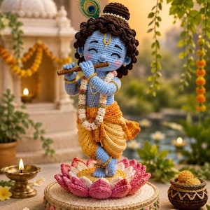 May include: A crocheted figurine of a blue-skinned deity with dark brown curly hair, wearing a yellow dhoti and a white floral garland, holding a brown flute. The figure stands on a pink lotus flower atop a circular base decorated with small flowers.