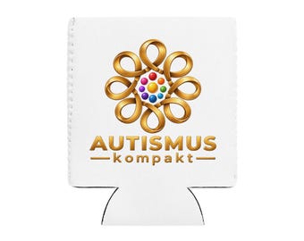 Könnte beinhalten: Ein weißer Dosenkühler aus Schaumstoff mit einem goldenen, unendlichkeitsförmigen Schleifenemblem, das eine zentrale Ansammlung kleiner, bunter Kugeln umgibt. Unter dem Emblem steht der Text AUTISMUS in goldenen Großbuchstaben und kompakt in goldenen Kleinbuchstaben.