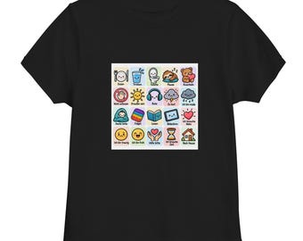 Könnte beinhalten: Ein schwarzes T-Shirt mit kurzen Ärmeln und einem zentralen grafischen Raster aus zwanzig bunten Symbolen mit deutschen Textbeschriftungen. Die Symbole zeigen verschiedene tägliche Aktivitäten, Emotionen und Bedürfnisse wie Essen, Trinken, Ruhe und Gefühle.