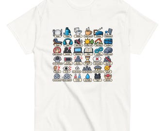 Könnte beinhalten: Ein weißes Kurzarm-T-Shirt mit einem Raster aus bunten Symbolen und deutschen Textbeschriftungen. Die Grafik zeigt Piktogramme für tägliche Aktivitäten, Emotionen und Bedürfnisse wie Essen, Schlafen, Transport sowie verschiedene sensorische Zustände.