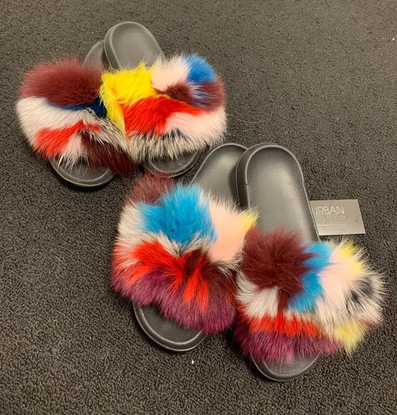 rainbow fox fur slides