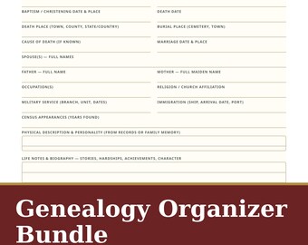 Pacote Organizador de Pesquisa Genealógica, Planejador de Árvore Genealógica, Fichas de Perfil de Ancestrais (PDF)