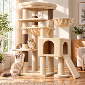 May include: A multi-level cat tree featuring beige plush fabric, dark brown sisal-wrapped scratching posts, two hanging hammocks, a top platform, a cubby house with arched openings, a ramp, and a small hanging toy mouse for feline activity.