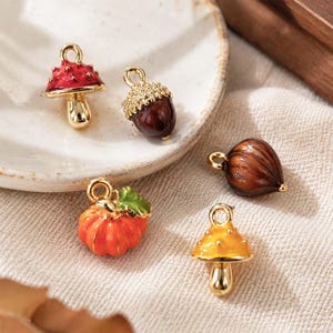 Può includere: Un set di cinque piccoli ciondoli in metallo con motivi autunnali, tra cui due funghi con cappelli rosso e giallo, una ghianda marrone con cappuccio dorato testurizzato, una noce marrone e una zucca arancione con una foglia verde.