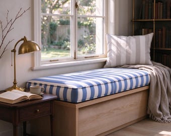 Custom Striped Linen Waterfall Bench Cushion, Bay Window Pad (Made to Order),2Inch Bay Window Pad