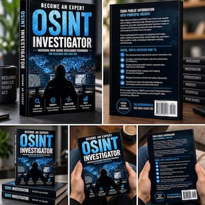 May include: A hardcover book titled Become an Expert OSINT Investigator: Mastering Open Source Intelligence Techniques for Research and Analysis. The cover features a silhouette of a person at computer monitors with blue digital map overlays.