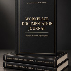 May include: A black hardcover journal with gold lettering titled Workplace Documentation Journal and Employee Incident & Rights Logbook by Willowbrook Publishing. The book is displayed upright on top of two identical stacked journals.
