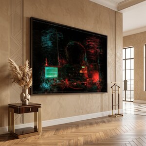 May include: A large rectangular wall art piece featuring a dark, abstract digital composition of electronic equipment, including a glowing green monitor and red light accents, framed in a thin black border and mounted on a beige wall.