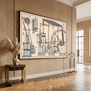 May include: A large rectangular framed wall art print featuring a technical engineering diagram of a steam engine. The vintage-style illustration displays mechanical components labelled with letters and includes the text WATT 1769 in the corner.