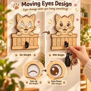 Personalized Cat Key Holder with Moving Eyes, Custom Cat Design Wall Hook, Interactive Wooden Key Rack, Unique Gift for Cat Lovers