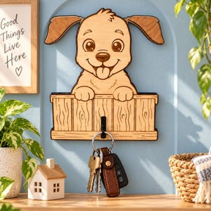 Wooden Puppy Key Holder with Pop-Up Ears, Interactive Dog Wall Hook, Cute Entryway Key Organizer