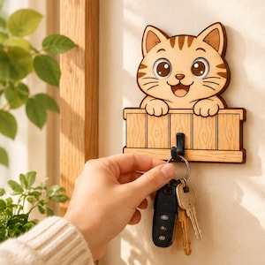 Llavero personalizado con foto de gato, gancho de pared de madera personalizado con forma de gato, colgador de llaves con ojos móviles, decoración de pared con retrato de mascota adorable, regalo para amantes de los gatos