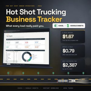 Pode incluir: Um rastreador de negócios de transporte Hot Shot para 2026, compatível com Excel e Google Sheets. A tela exibe um painel com métricas financeiras, um gráfico de pizza de despesas e dados sobre o lucro por milha e impostos estimados.