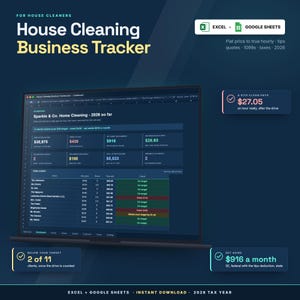Puede incluir: Un rastreador digital de negocios de limpieza para Excel y Google Sheets. El panel muestra datos financieros para 2026, incluyendo listas de clientes, tarifas por hora, deducciones de impuestos y ganancias en una interfaz azul oscuro.