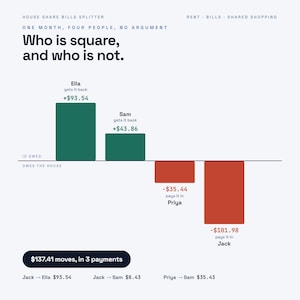 May include: A bar chart titled House Share Bills Splitter showing financial balances for four people. Green bars represent positive balances for Ella and Sam, while red bars show negative balances for Priya and Jack, with payment instructions below.