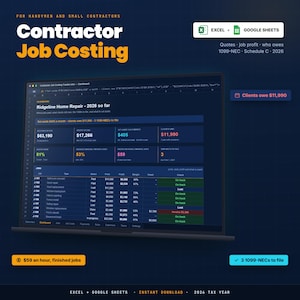 Könnte beinhalten: Ein digitaler Tracker für Auftrags- und Kostenkalkulationen auf einem Laptop-Bildschirm, kompatibel mit Excel und Google Sheets. Das Dashboard in Dunkelblau enthält Datentabellen zur Auftragsverfolgung, Gewinnspannen und Steuerdaten für 2026.