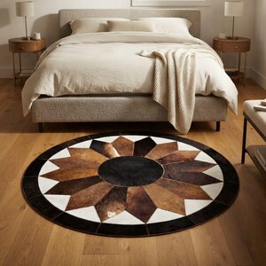 Handmade Round Cowhide Patchwork Rug, Starburst Geometric Medallion, Multi-Tone Leather Floor Carpet,