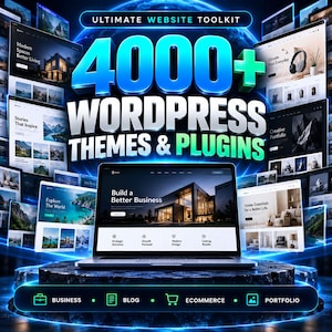 Puede incluir: Un gráfico digital que muestra un portátil sobre una plataforma oscura, rodeado de varias vistas previas de interfaces web. El texto azul dice ULTIMATE WEBSITE TOOLKIT 4000+ WORDPRESS THEMES & PLUGINS. Iconos de BUSINESS, BLOG, ECOMMERCE, PORTFOLIO.
