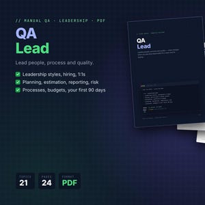 Op de afbeelding: Een digitaal document getiteld QA Lead met de ondertitel Lead people, process and quality. De tekst bevat onderwerpen zoals leiderschapsstijlen, werving, 1:1-gesprekken, planning, schatting, rapportage, risico's, processen en budgetten.