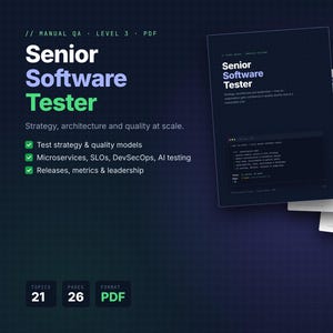 Op de afbeelding: Een digitaal document getiteld Senior Software Tester met de ondertitel Strategy, architecture and quality at scale. Het bevat 21 onderwerpen, 26 pagina's en is in PDF-formaat. Het document bevat groene vinkjes en technische tekst.
