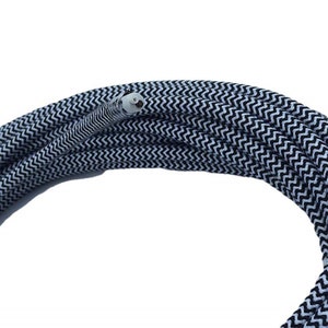 Round Cloth Cord, Black and White Zig Zag Cloth Covered Cord - 25&#39; Antique Style Wire - 18/2 UL Listed Cord for Pendant Light, Chevron