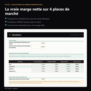 Peut inclure: Une interface de calculatrice de marge de place de marché intitulée La vraie marge nette sur 4 places de marché. Elle affiche des champs pour les coûts et prix de vente, ainsi qu'un tableau comparatif pour Etsy, Vinted Pro, eBay Pro et Amazon Pro.