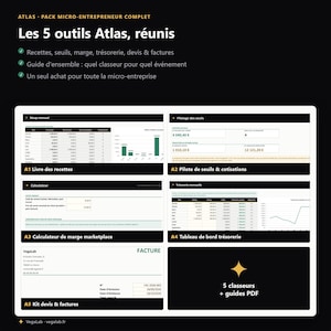 Peut inclure: Un kit de gestion d'entreprise numérique intitulé Atlas Pack Micro-Entrepreneur Complet, comprenant cinq modules distincts pour suivre les recettes, seuils, marges, trésorerie et factures, présentés sous forme de guides PDF.