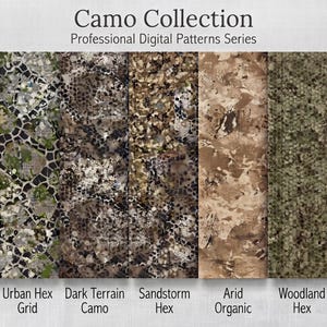 Könnte beinhalten: Camo Collection Professional Digital Patterns Series mit fünf verschiedenen Designs: Urban Hex Grid, Dark Terrain Camo, Sandstorm Hex, Arid Organic und Woodland Hex. Jedes Muster zeigt einzigartige Tarntexturen in Grün-, Braun-, Beige- und Schwarztönen.