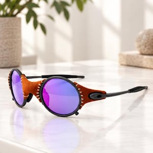 May include: Sunglasses featuring round frames with purple reflective lenses. The frame front is wrapped in a textured brown material secured with light-coloured stitching. The temples are thin and black, extending from the sides of the round lenses.