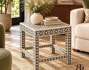 Bone Inlay Side Table, Handmade Floral Square End Table, Black Ivory Accent Table, Decorative Living Room Furniture, Luxury Bedside Table